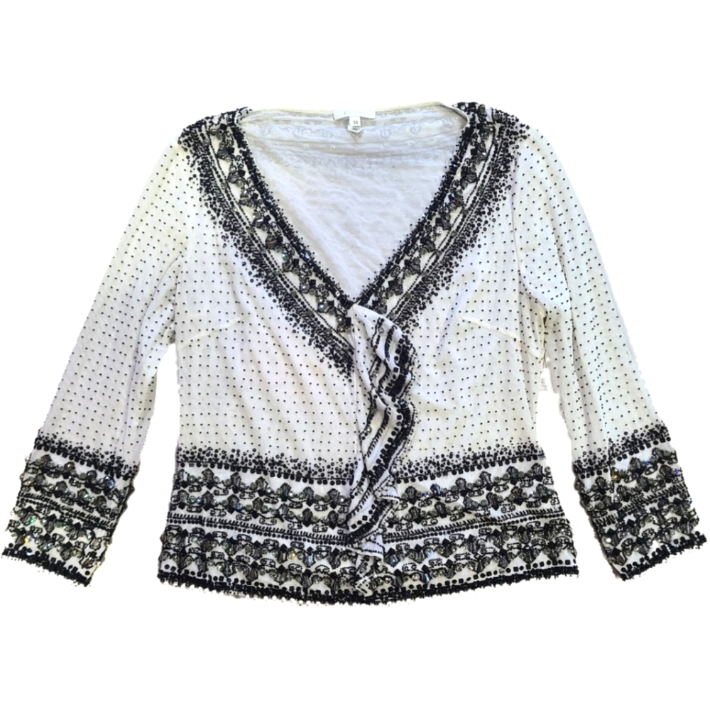 Escada Beaded Black/White Embellished Stretch V-neck Long Sleeve Fitted 38 US 6